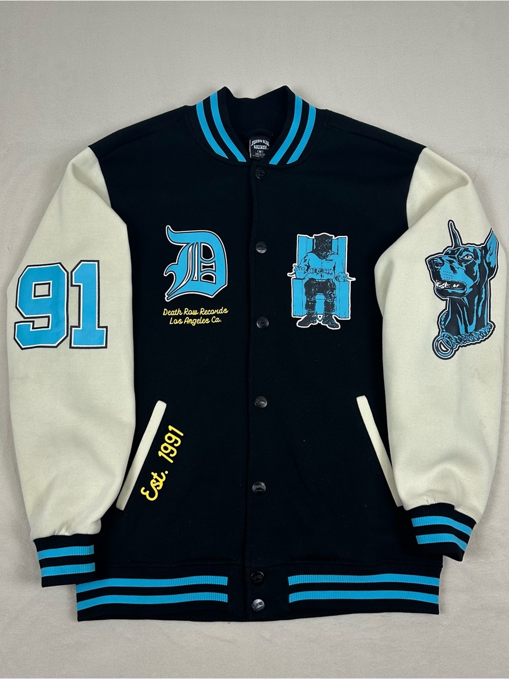 Death Row Records Varsity Jacket Men's Medium Black Tiffany Blue Bomber Hip Hop